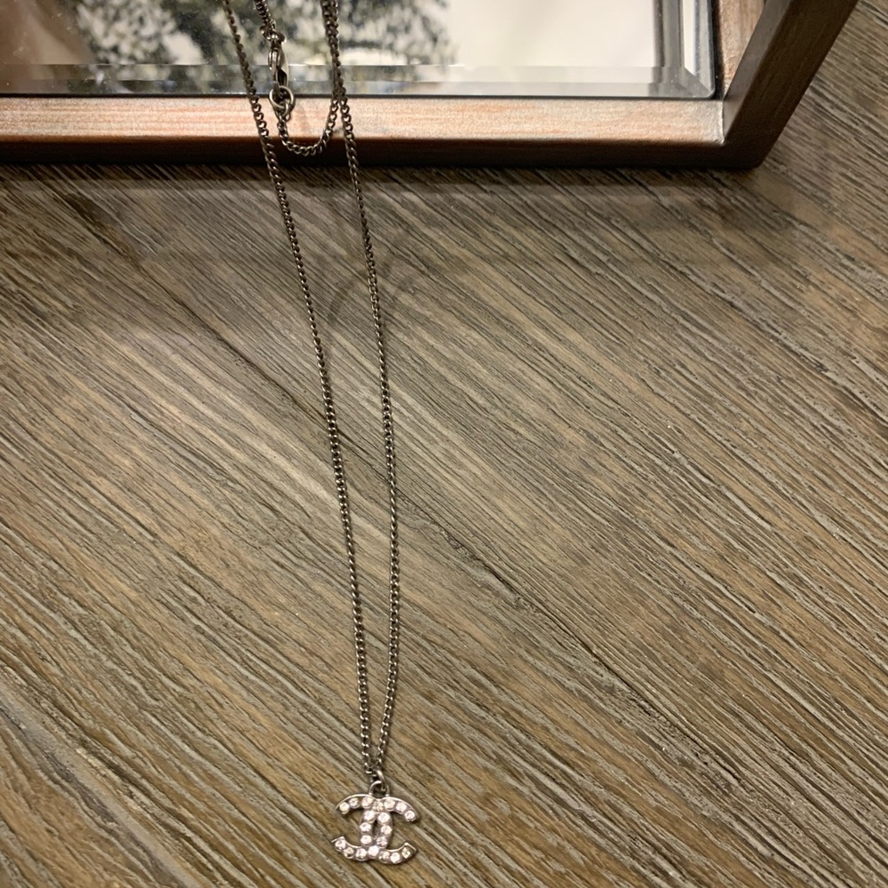 CHANEL Silver-Tone CC Rhinestone Necklace  - Authentic